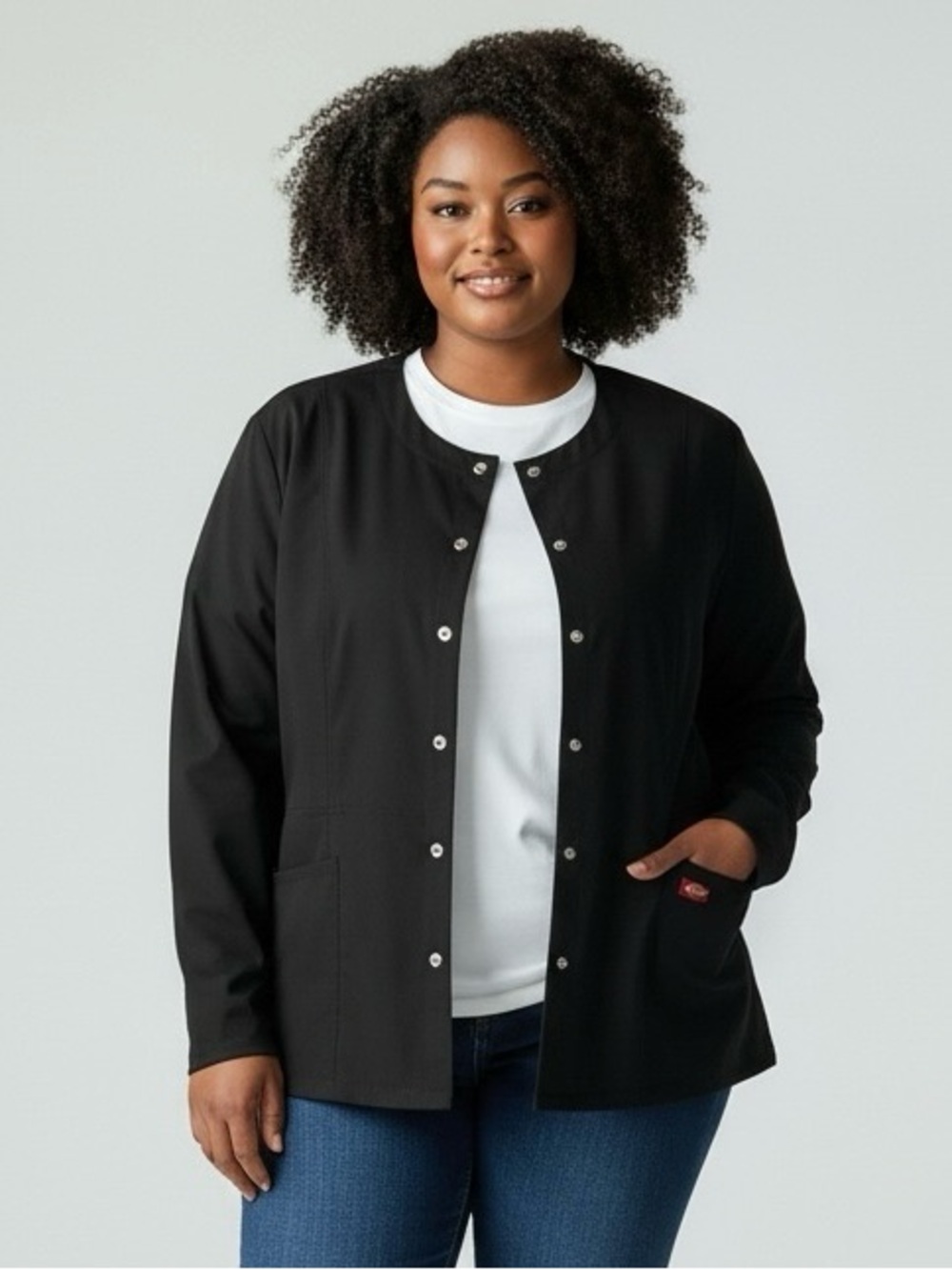 Dickies Black Snap Front Scrub Jacket Long Sleeve Medical Warm Up Top Size L